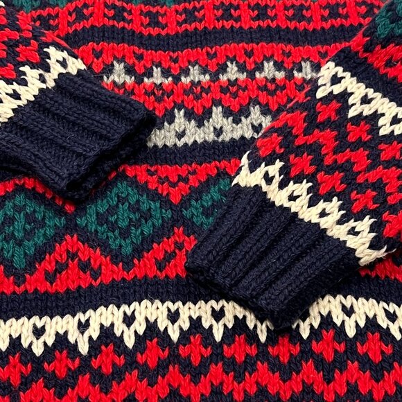 GAP 80s Wool Hand Knit Fair Isle Pattern Ski Sweater, Navy, Red, Green, M - Picture 4 of 7